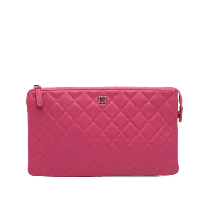 Pink Chanel Quilted Caviar CC Enamel Double Zip Clutch in Pink Caviar leather from Designer Revival