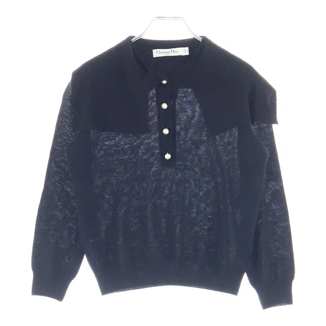 Dior CD Logo Pearl Button Cashmere Knit Sweater Black in Black Cashmere from The Reluxe
