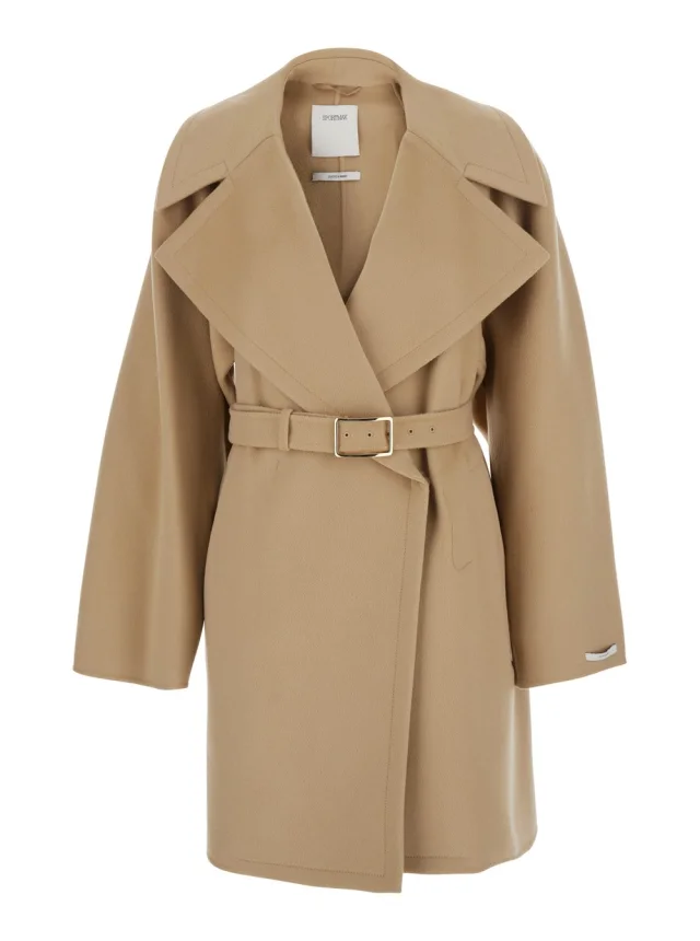 Beige Coat with Wide Notched Revers and Waist Belt for Women in Beige, image 1 of 1 from Gaudenzi Boutique