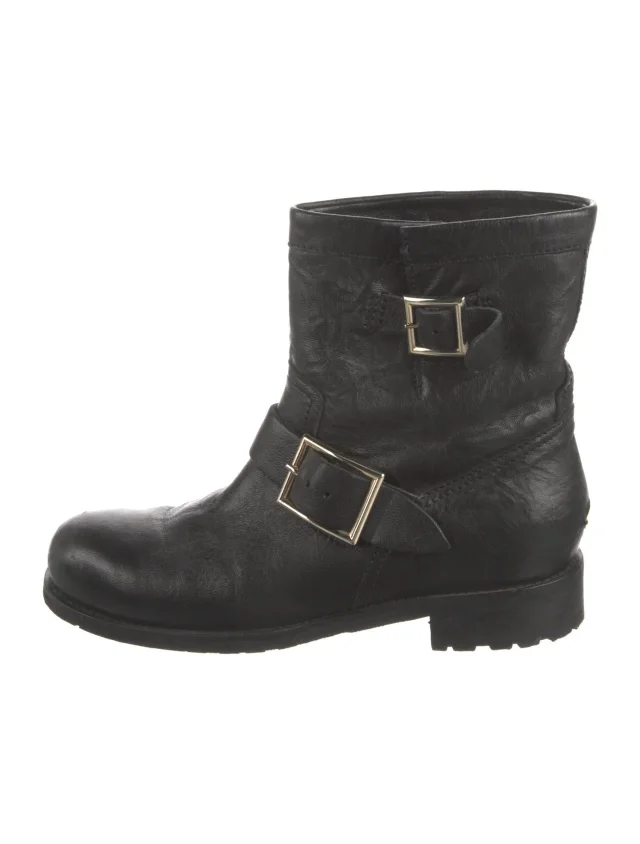 Jimmy Choo Leather Moto Boots in black Leather from The RealReal