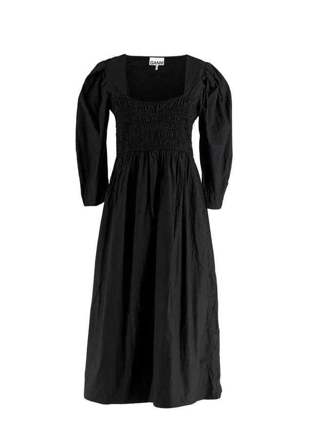 GANNI Black Cotton Poplin Open Neck Smock Midi Dress in Black from HEWI