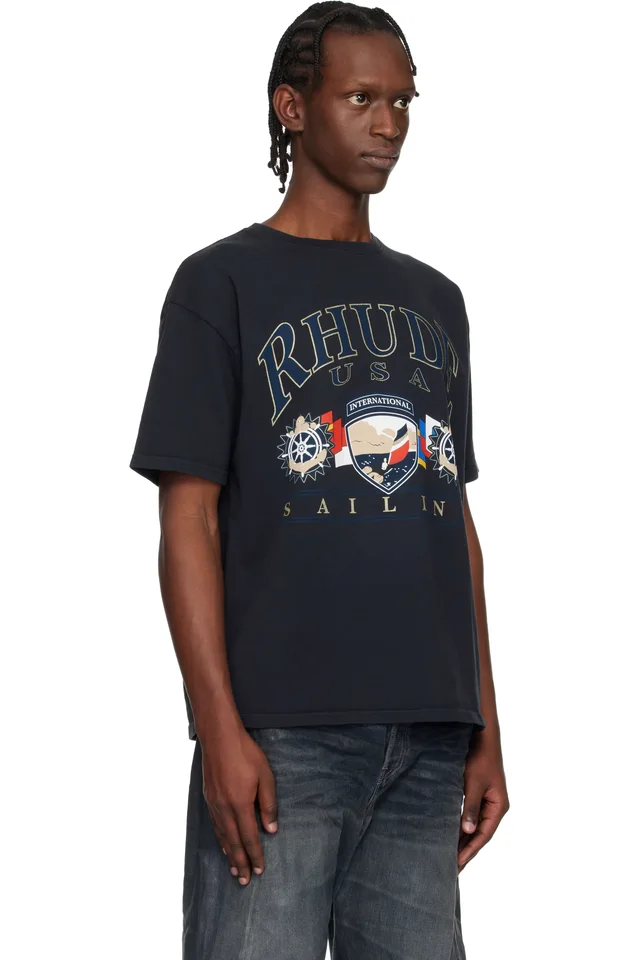 Rhude Black USA Sailing Icon T-shirt, photo 2 of 3 from SSENSE