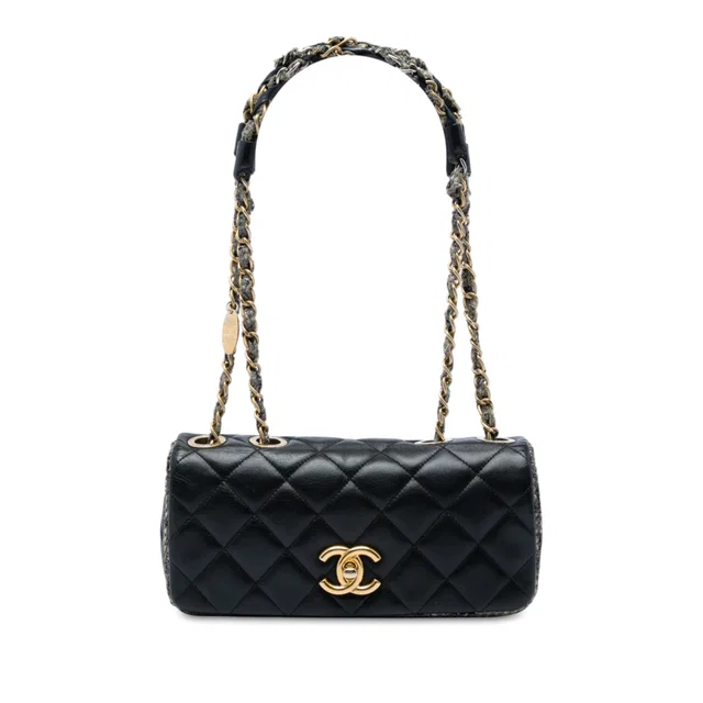 Black Chanel Small CC Quilted Lambskin and Tweed Chain Flap Shoulder Bag in Black Lambskin from Designer Revival