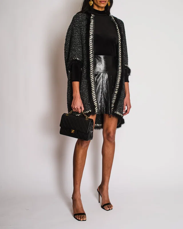 Chanel Fall 2010 Collection Black and White Cashmere Knit Cape with Fur Trimmings Size FR 40 (UK 12) in Black Cashmere from Sellier