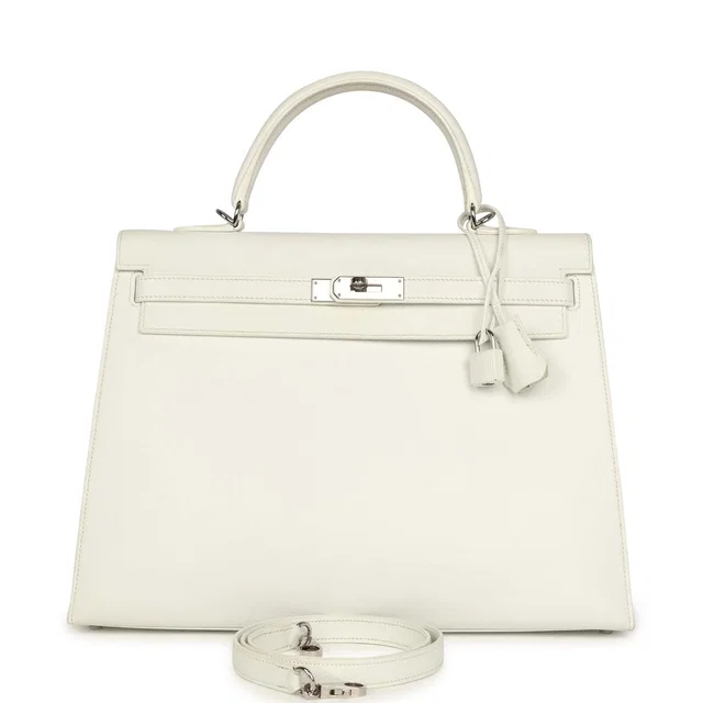 Hermès Kelly Sellier 35 White Epsom Palladium Hardware in White Epsom leather from Madison Avenue Couture
