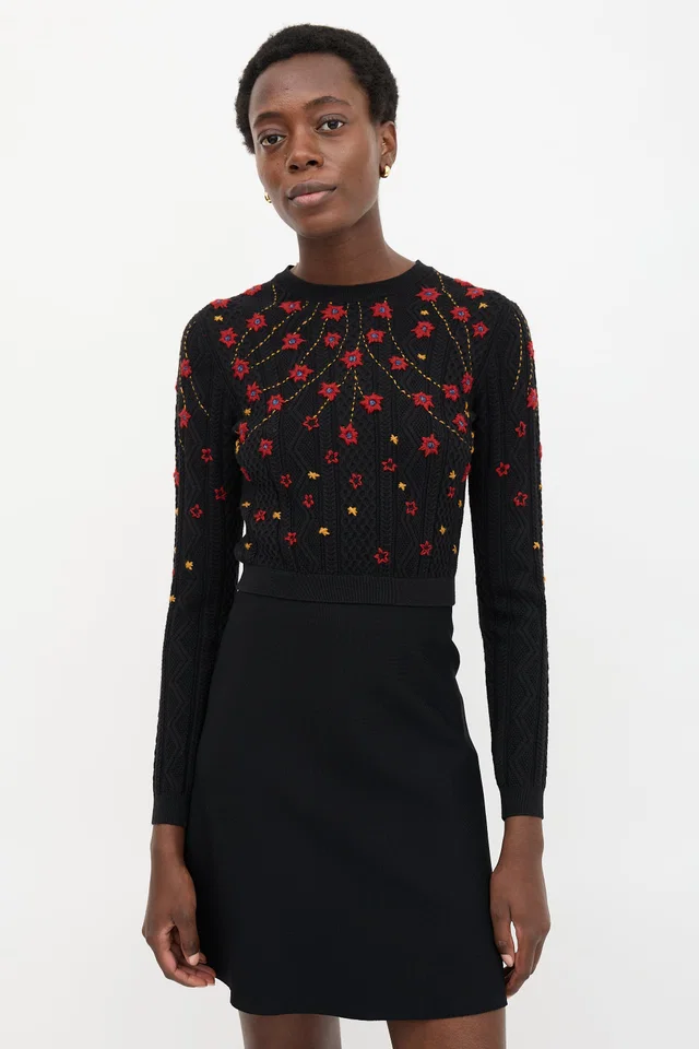 Valentino Garavani Floral Embroidered Flare Dress in Wool from VSP Consignment