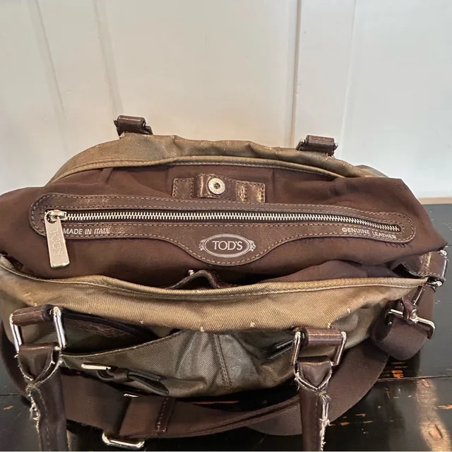 Tod's Olive Green Canvas Messenger With Brown Leather Trim in green|brown|red Canvas from Poshmark, photo 8 of 11