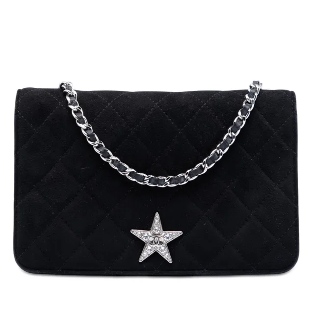 Black Chanel Quilted Suede Cocostellar Wallet on Chain Crossbody Bag in Black Suede from Designer Revival