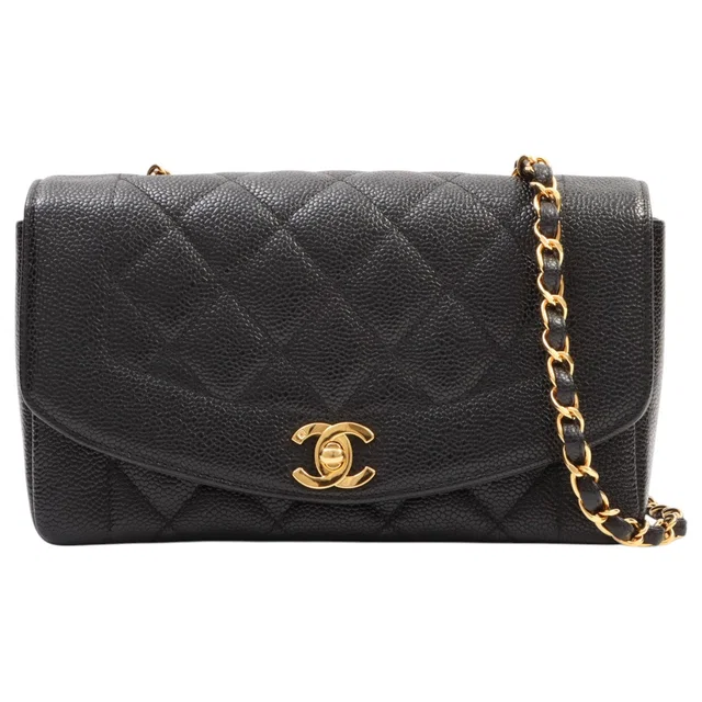 Chanel Circa 1995 Caviar Skin Diana Flap Chain Bag 22cm Black in Black Caviar leather from VINTAGE QOO TOKYO