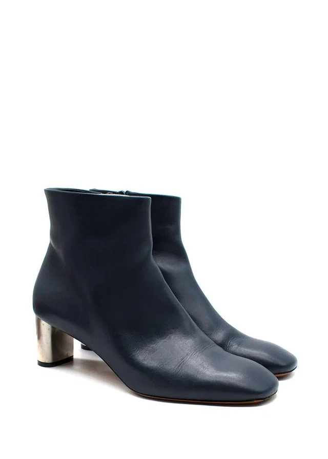 Celine Navy Leather Silver Brushed Heel Ankle Boot in Navy Leather from HEWI
