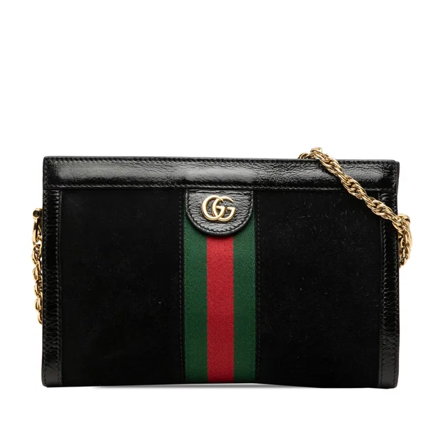 Black Gucci Small Suede Web Ophidia Chain Crossbody in Black Suede from Designer Revival