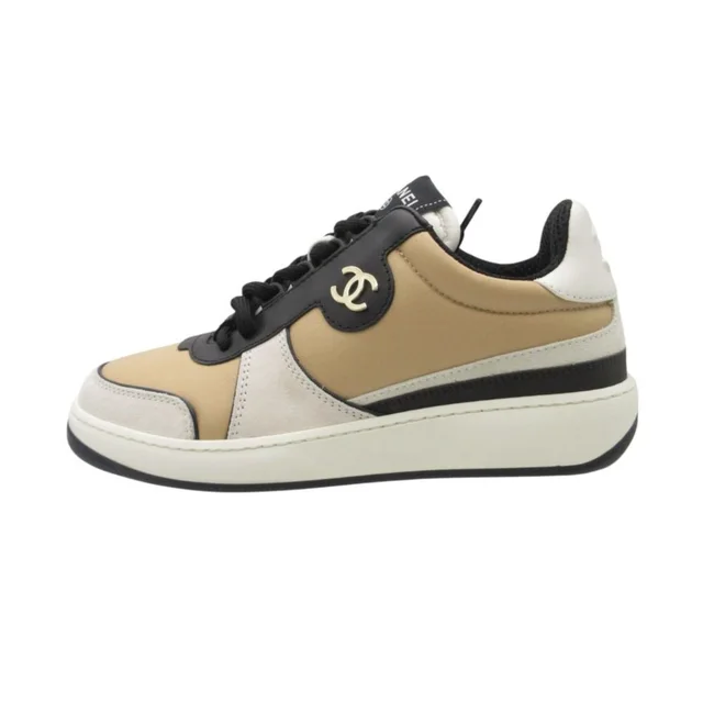 Chanel Sneakers Leather Shoes CC Logo Beige in Beige Leather from The Reluxe