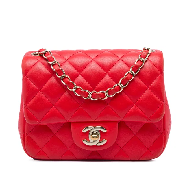 Red Chanel Mini Square Classic Lambskin Single Flap Crossbody Bag in Red Lambskin from Designer Revival