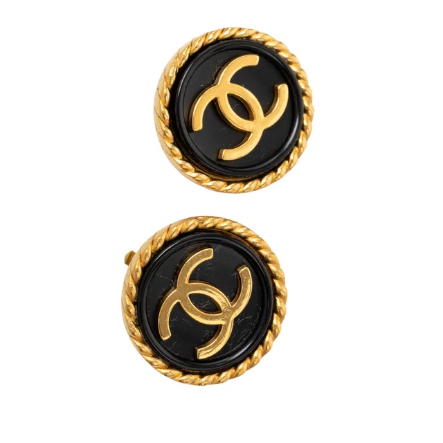 Gold Chanel CC Gold Plated Enamel Round Clip On Earrings in Gold from Designer Revival