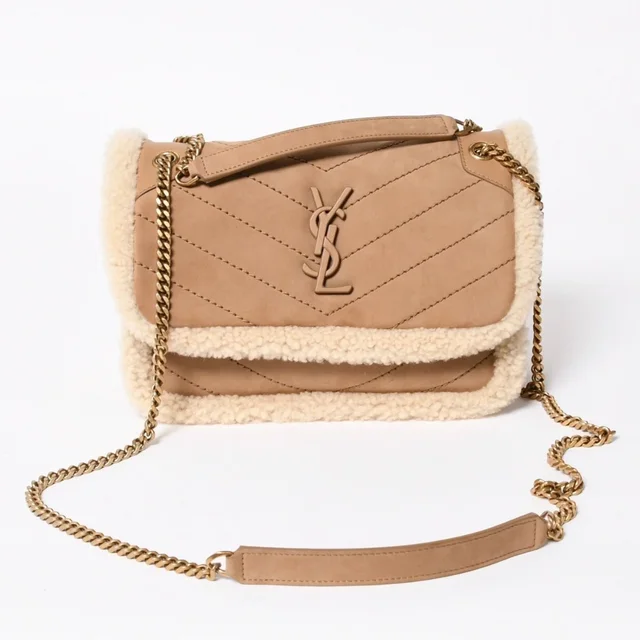 Saint Laurent Niki Shearling Shoulder Bag Brown Beige Gold in Brown from The Reluxe
