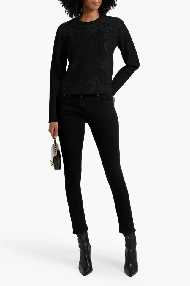 Valentino Garavani Lace-Trimmed Ribbed-Knit Sweater in Black, photo 2 of 4 from THE OUTNET