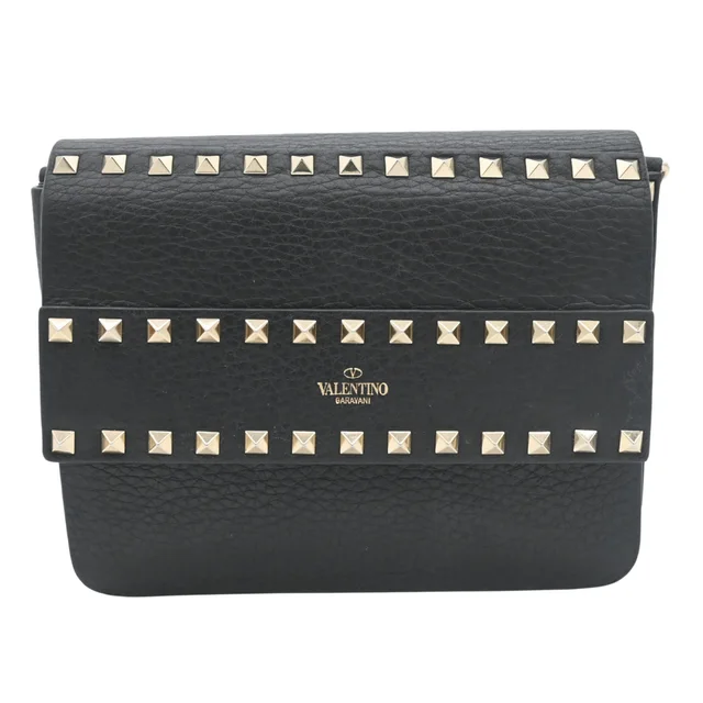 Valentino Garavani Rockstud Black Pebbled Leather Flap Crossbody Bag in Black Leather from Clotheshorse Anonymous