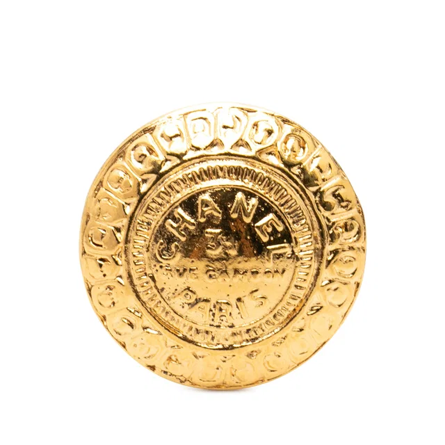 Gold Chanel Gold Plated 31 Rue Cambon Round Brooch in Gold from Designer Revival