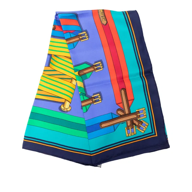 Blue Hermès Les Sangles Silk Scarf 90 Scarves in Blue Silk from Designer Revival