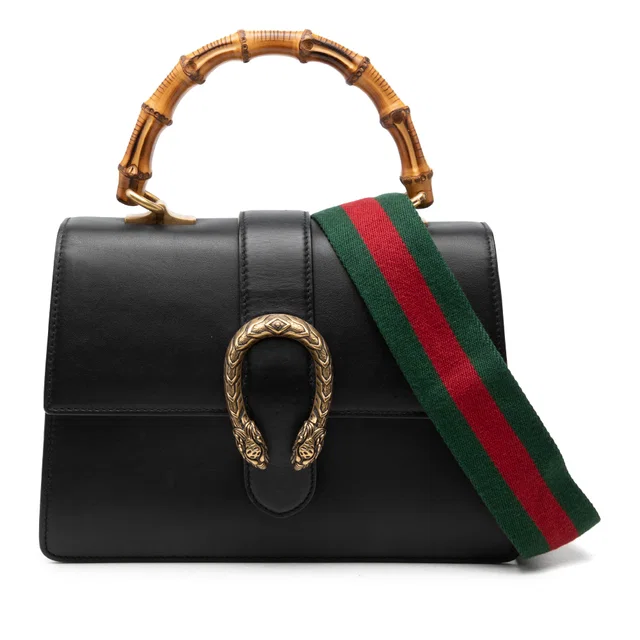 Black Gucci Medium Calfskin Bamboo Dionysus Web Satchel in Black Calfskin from Designer Revival