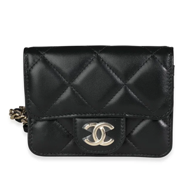 Chanel Black Quilted Lambskin Elegant Chain Mini Belt Bag Leather Handbag in Black Lambskin from HEWI