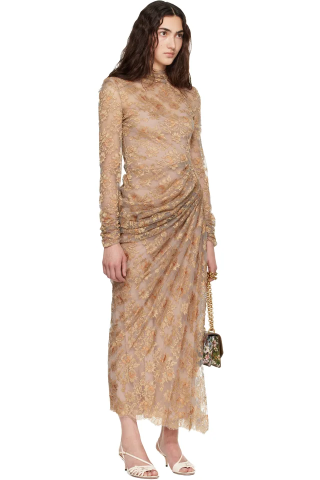 Valentino Beige Feather Lace Maxi Dress, photo 2 of 4 from SSENSE