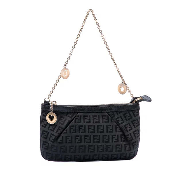 Gray Fendi Zucchino Canvas Chain Pochette Shoulder Bag in Grey Canvas from Designer Revival
