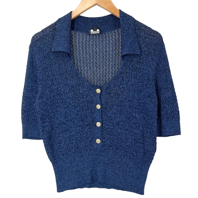 Chanel SS Short Sleeve Knit Silk Blue CC Logo Button Sweater 38 in Blue Silk from The Reluxe
