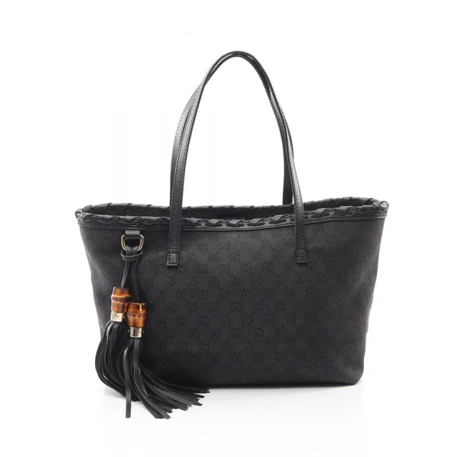 Gucci Tote Bag Bamboo GG Pattern Black Denim Leather Tassel in Black Denim from The Reluxe