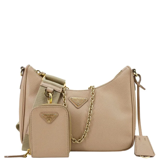 Prada Re-Edition 2005 Saffiano Leather Shoulder Bag Beige from Dallas Designer Handbags