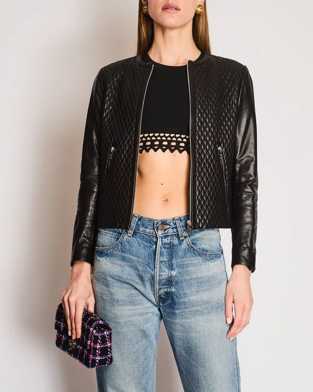 Prada Black Collarless Quilted Lambskin Jacket with Silver Zip Details Size IT 42 (UK 10) in Black Lambskin from Sellier