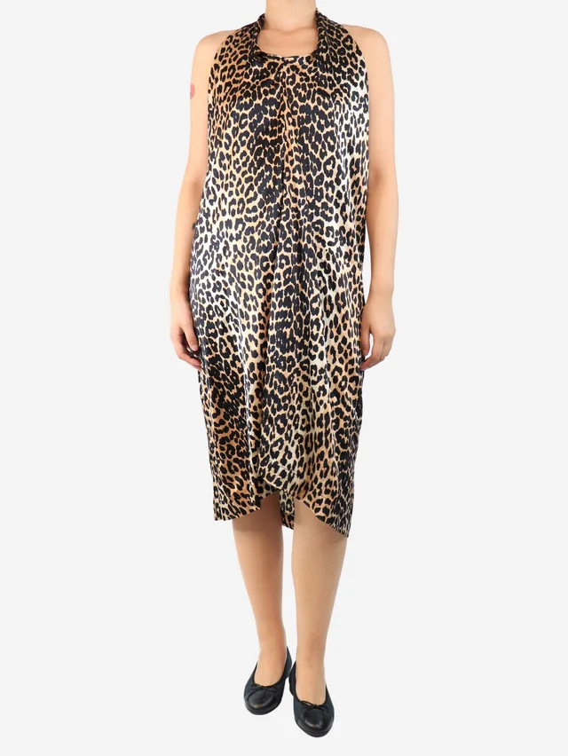 GANNI Neutral leopard print silk halterneck dress - size UK 10 in Silk from Sign of the Times