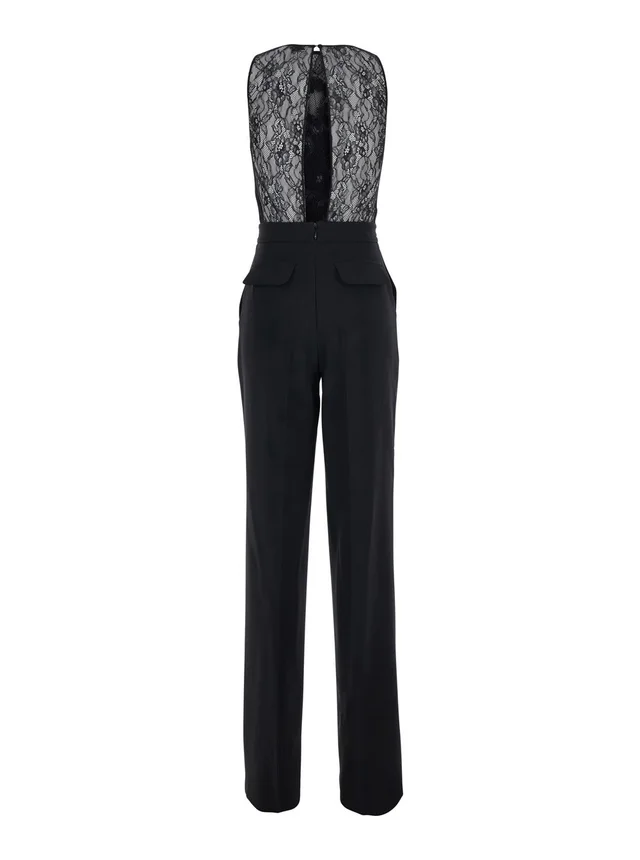 ELISABETTA FRANCHI Black Sleeveless Jumpsuit with Round Neck and Lace Embroidery on the Upper Part in Stretch Tech Fabric for Women in Black 95% Polyester 5% Elastane, photo 4 of 6 from Gaudenzi Boutique