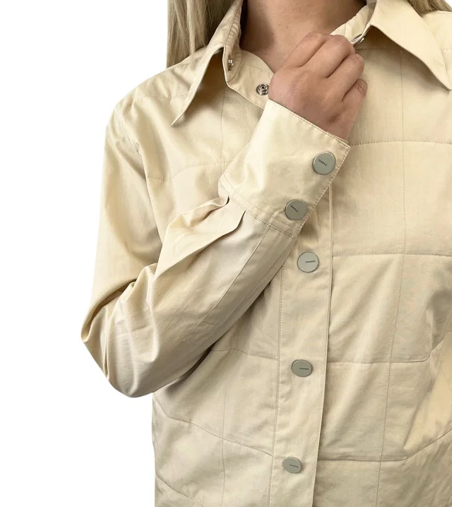Chanel Vintage Logo Button Shirt Blouse Long Sleeve Top Cream Cotton Quilting in White from Luxury Promise