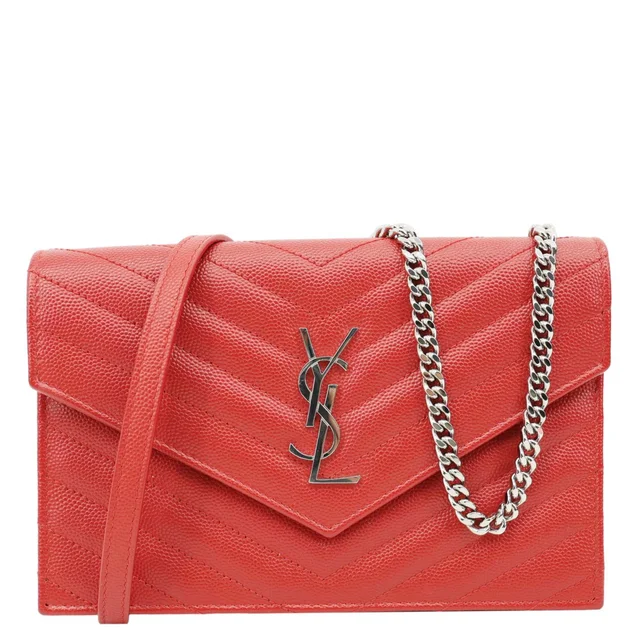 Saint Laurent Cassandra Matelasse Grain De Poudre Chain Wallet Red in Red Leather from Dallas Designer Handbags