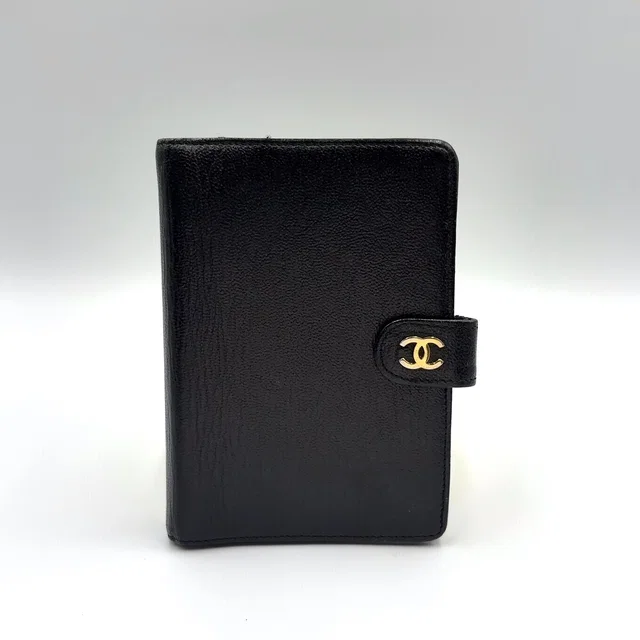Chanel CC Logo Mini Caviar Leather Black Notebook Cover Gold Agenda in Black Caviar leather from The Reluxe