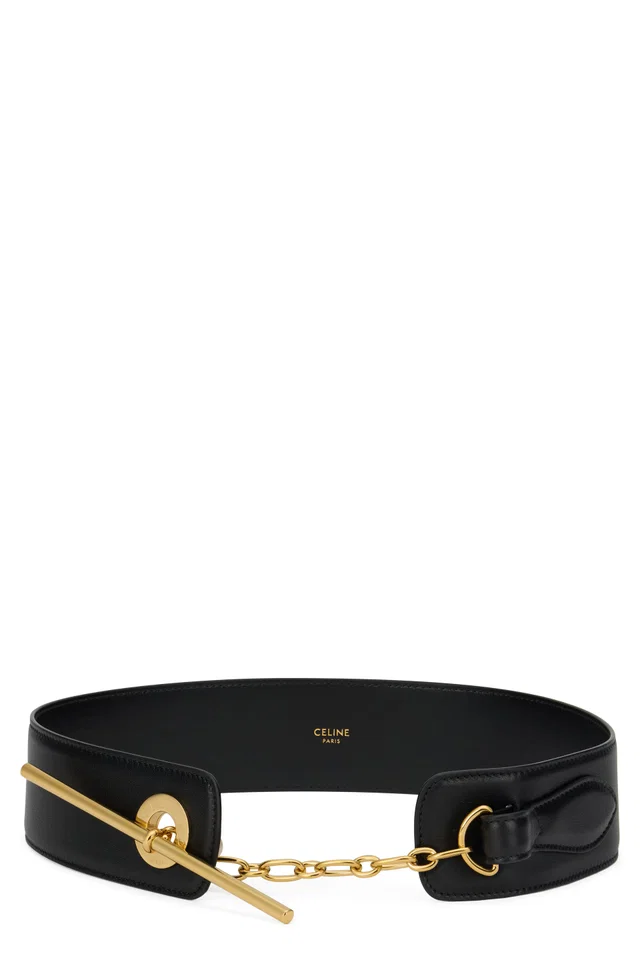 Celine Gold-Chain Buckle Leather Belt — Black Calf in Black Leather from HEWI