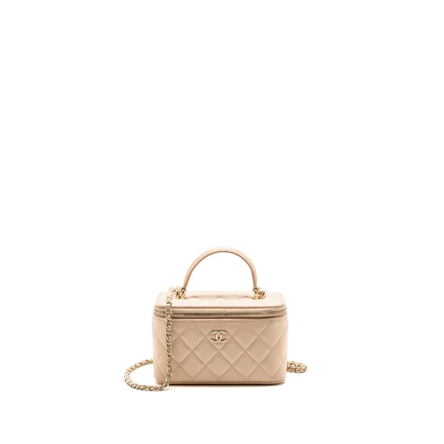 Chanel Top Handle Long Vanity Case Lambskin Beige Pink LGHW (Microchip) in Beige Lambskin from EMIER