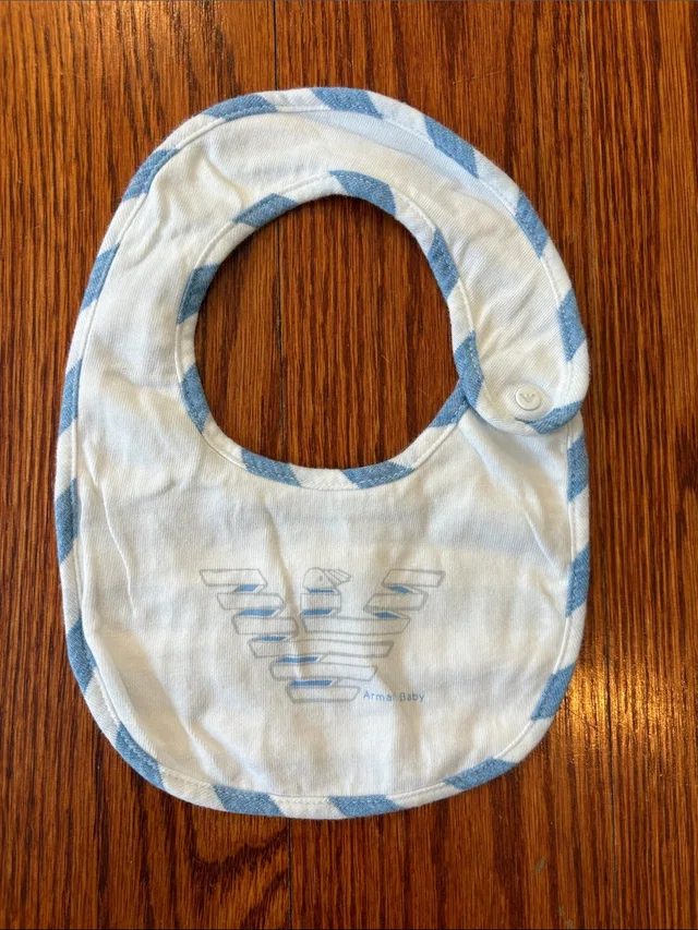 Giorgio Armani Baby White Bib With Blue Trim And Logo in blue|white from Poshmark