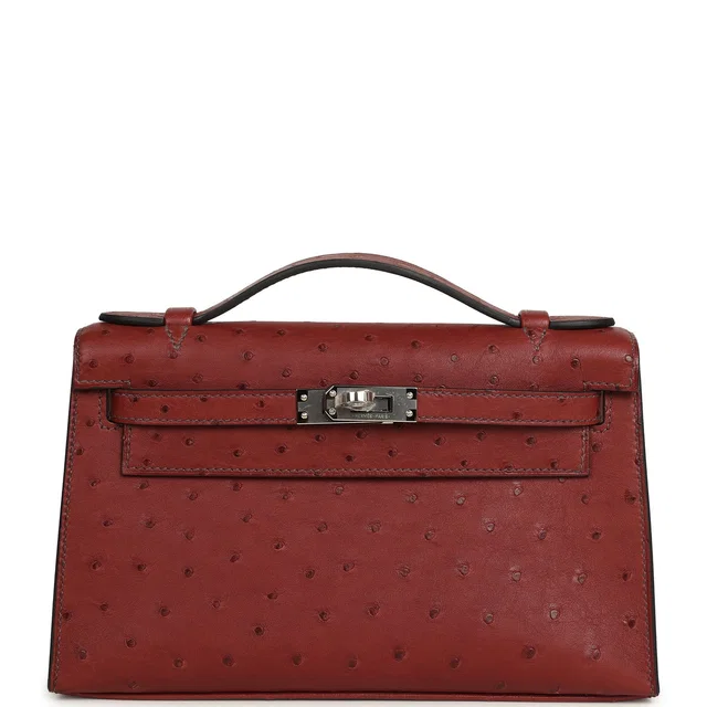 Hermès Kelly Pochette Rouge H Ostrich Palladium Hardware in Burgundy Ostrich from Madison Avenue Couture