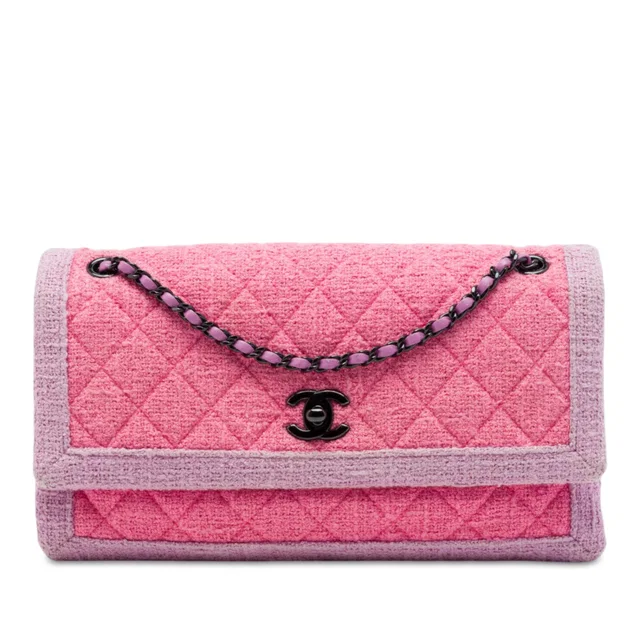 Pink Chanel CC Quilted Tweed Accordion Flap Shoulder Bag in Pink Tweed from Designer Revival