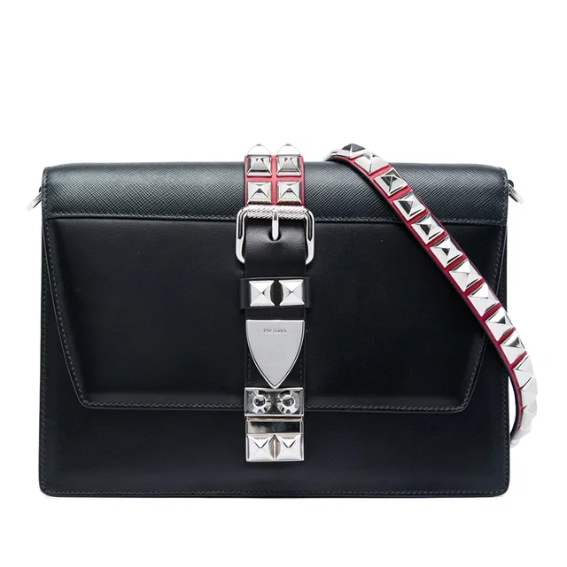 Black Prada City Calf and Saffiano Studded Elektra Crossbody in Black Saffiano leather from Designer Revival