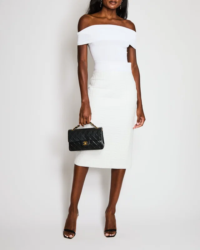 Fendi White Lambskin FF Logo Printed Midi Skirt with White Ribbed Waistband Detail Size IT 40 (UK 8) in White Lambskin from Sellier