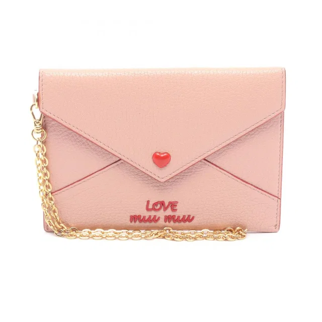 Miu Miu Pouch Madras Love Envelope Pink Beige Leather Matras Chain Card Case in Beige Leather from The Reluxe