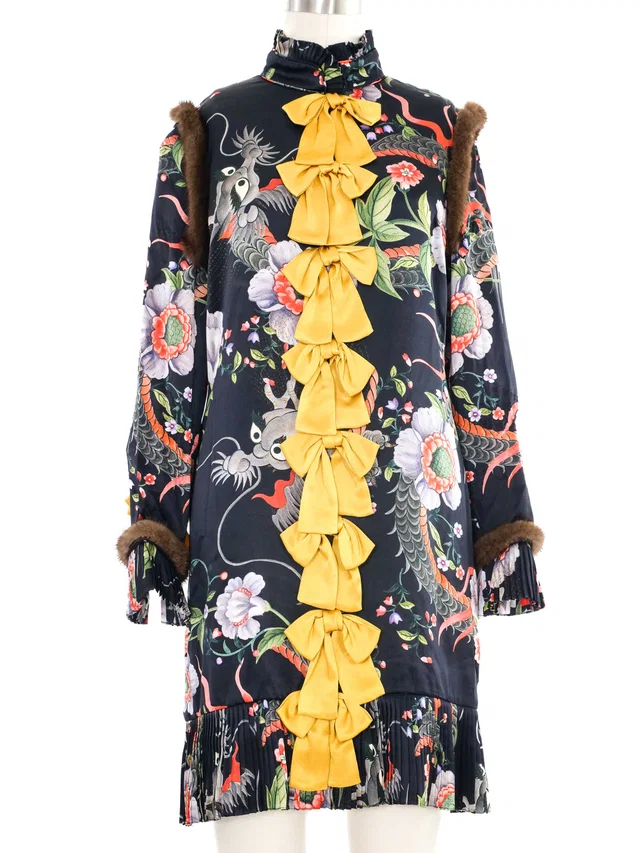 2016 Gucci Silk Garden Fur Trimmed Dress in Silk from Arcade Vintage