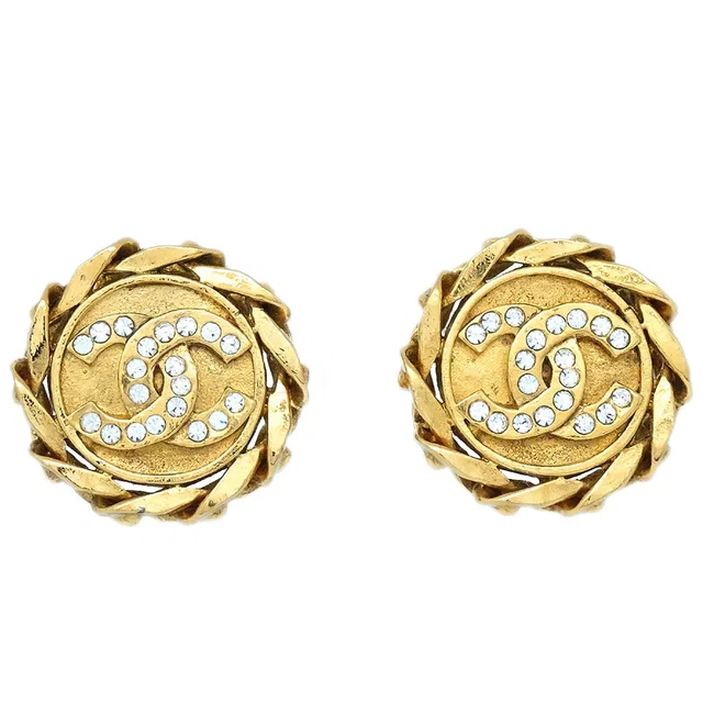 Chanel 1988 Crystal & Gold CC Earrings Clip-On in Gold from AMORE Vintage Tokyo