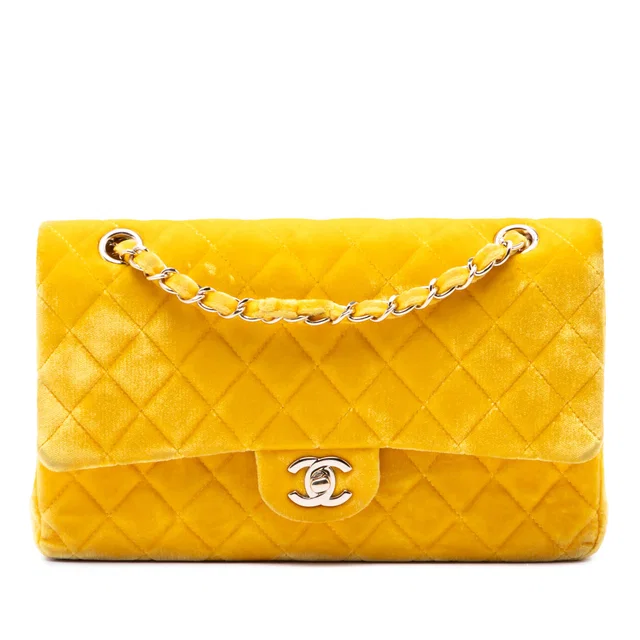 Yellow Chanel Medium Classic Velvet Double Flap Shoulder Bag in Yellow Velvet from Designer Revival