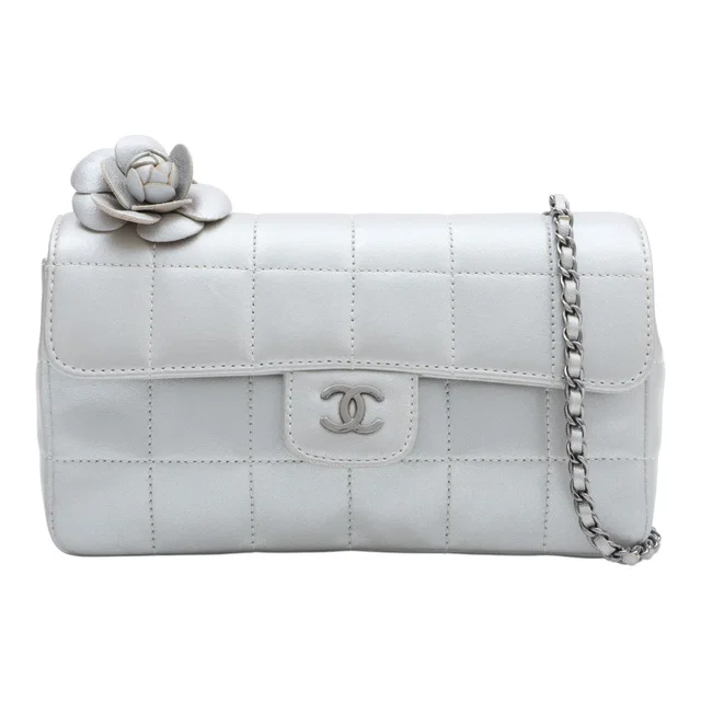 Chanel 2003-era Camellia Chocolate Bar Chain Shoulder Bag Mini, Silver in Brown Leather from VINTAGE QOO TOKYO