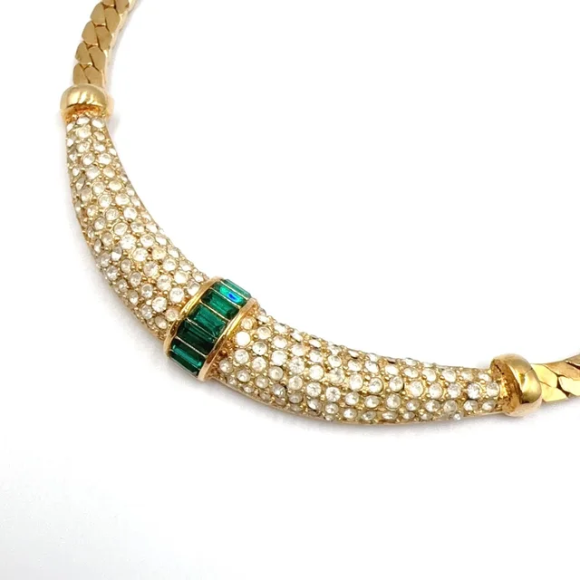 Dior Vintage Rhinestone Color Stone Emerald Green Clear Gold Necklace in Green from The Reluxe