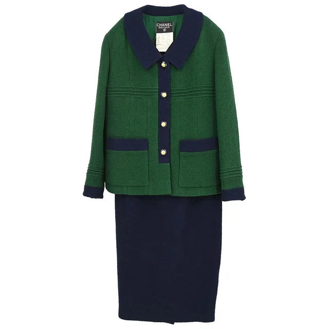 Chanel 1993 Setup Suit Jacket Skirt Green Navy #40 in Navy Nylon from AMORE Vintage Tokyo